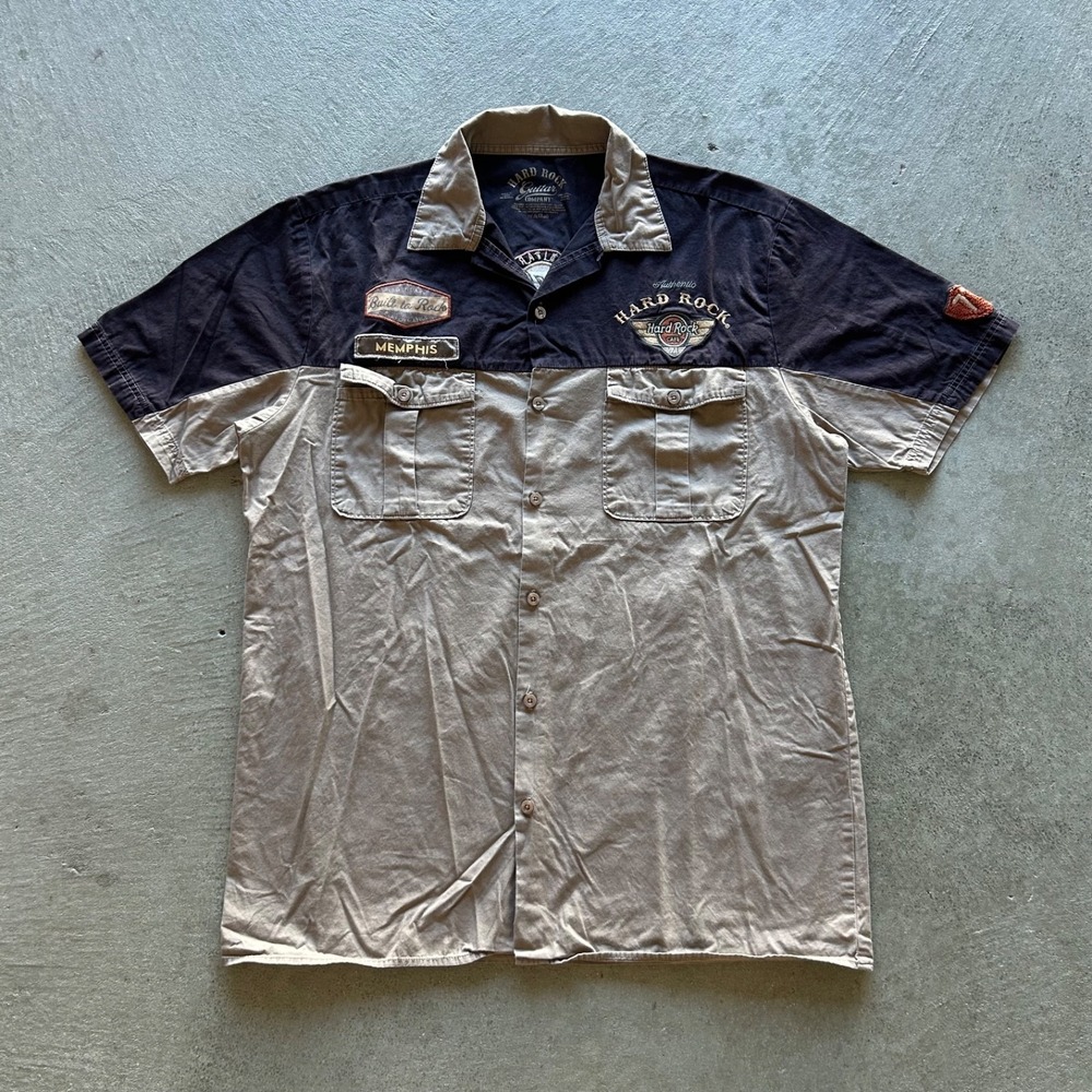 Vintage Hard Rock Cafe Button Up Shirt Size XL Brown Y2K Memphis Mechanic Casino